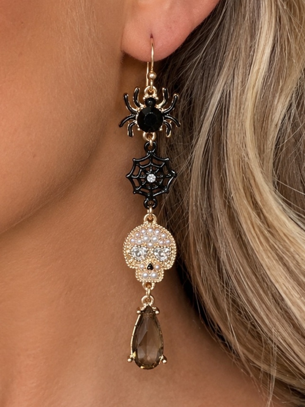 . Nicole Miller Halloween Spider & Spider Web & Skull Gold/Olive Drop Earrings